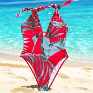 Tropical Floral Halter One Piece Swimsuit High Thigh Cut Size M